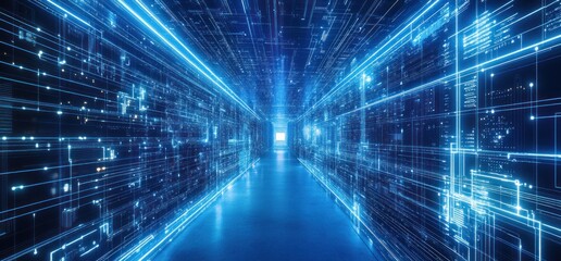 Futuristic digital tunnel with glowing lines.