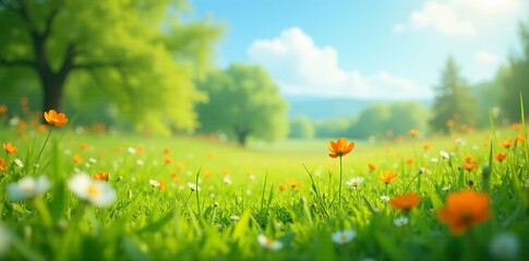 Vibrant green grass field with blooming flowers, sunny spring day, copy space, spring