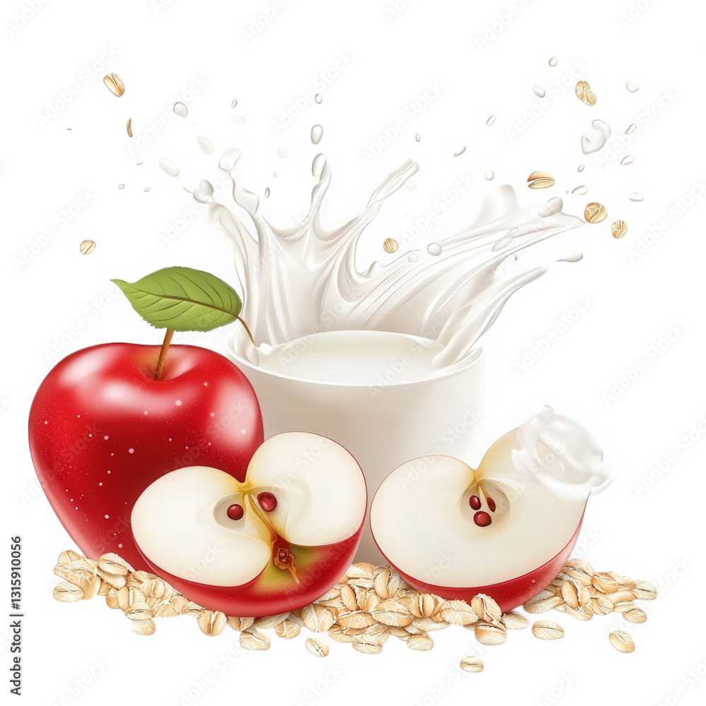 Poster red apple sliced in half with a splash of milk and oats surrounding it emphasizing freshness and hea