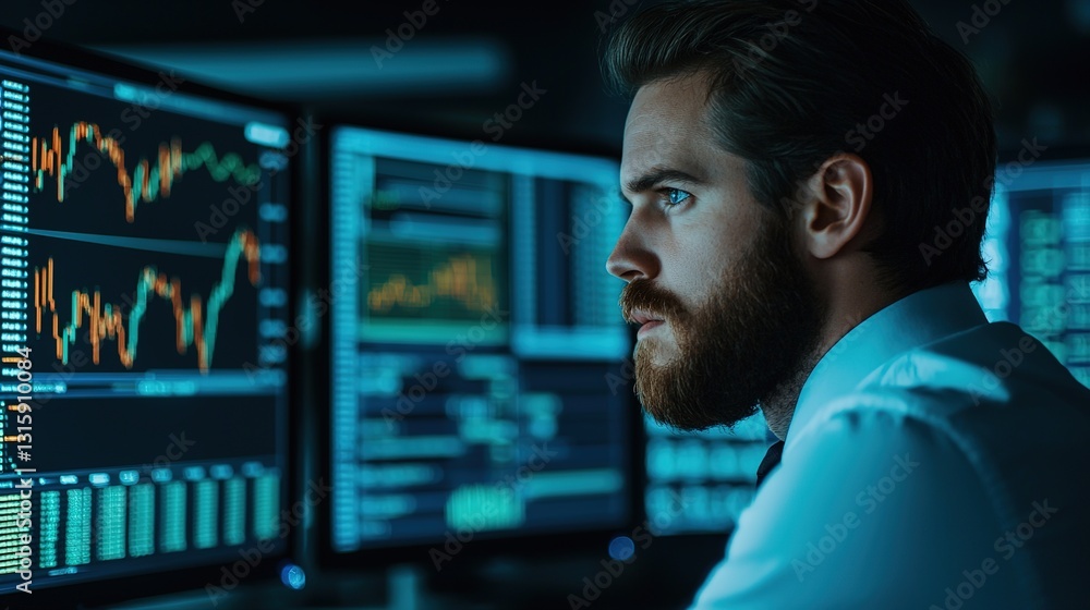 Poster business analyst analyzing financial data in high-resolution dual screen setup office environment pr