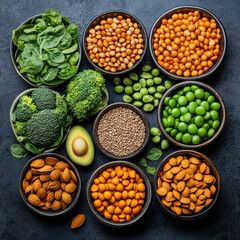 An assortment of nutritious foods including vegetables and grains representing a fiber-rich diet for healthy living