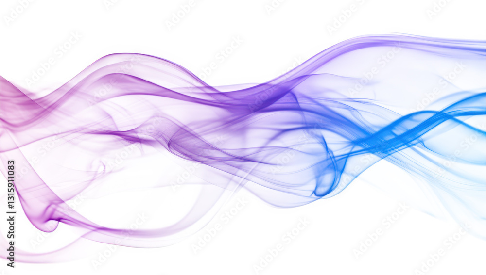 Poster a smooth blend of purple and blue smoke waves gracefully flowing across a white background creating 