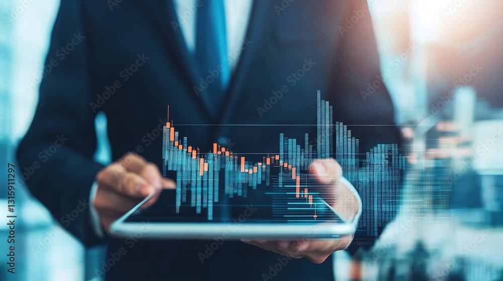 Poster analyzing market trends business professionals using digital tools for insightful data visualization