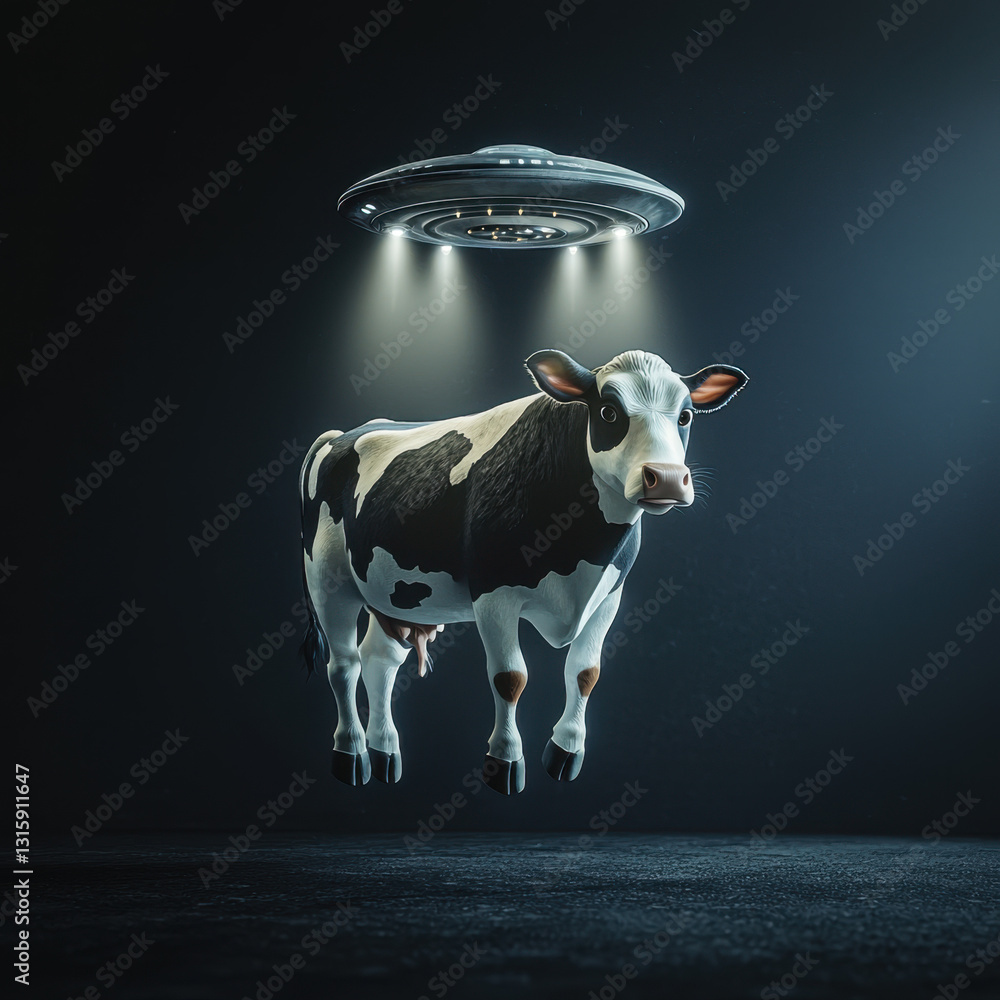 Poster cartoon cow silhouetted in darkness with a comically floating ufo object above its head creating a u