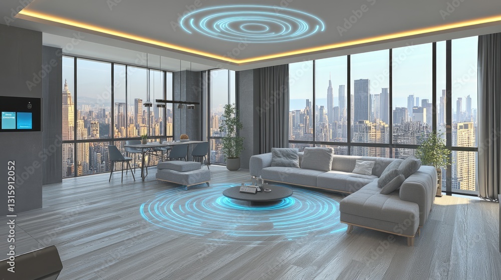 Poster smart ai home automation system adjusting lighting and temperature settings.