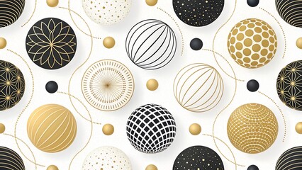 Modern abstract  seamless pattern with black, white, and gold spheres on white background, creating a stylish and elegant design. Perfect for various creative projects
