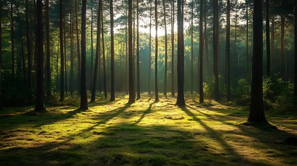 Obraz premium Morning in the forest. Sunrise in the forest. Sunlight through the trees