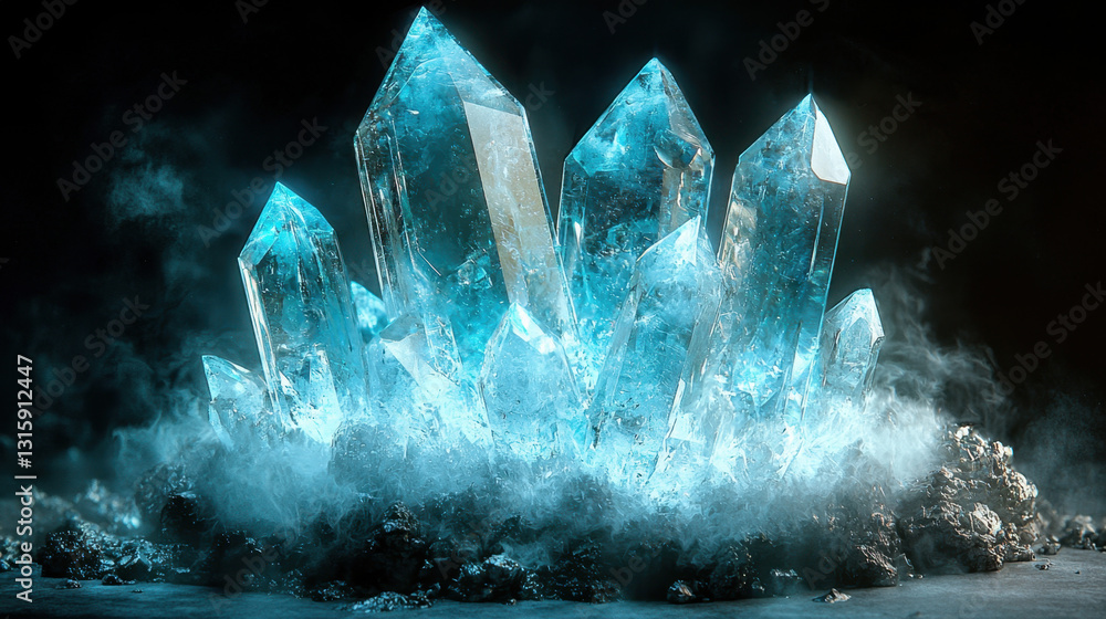 Poster a beautiful glowing crystal set in a 3d crystal cave with abstract 2d line accents creating a unique