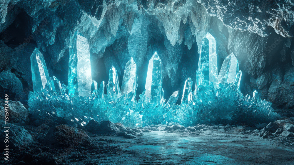 Poster a stunning crystal cave with glowing features and abstract 2d line accents creating a mystical and e