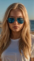 "A photorealistic portrait of a 25-year-old American girl with long, flowing blonde hair and striking blue eyes with sunglass Wearing white t-Shart. She should have a natural, approachable expression 