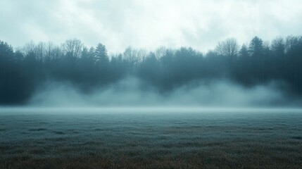 Fototapeta premium Foggy field with trees, mysterious mood, ideal for nature backgrounds