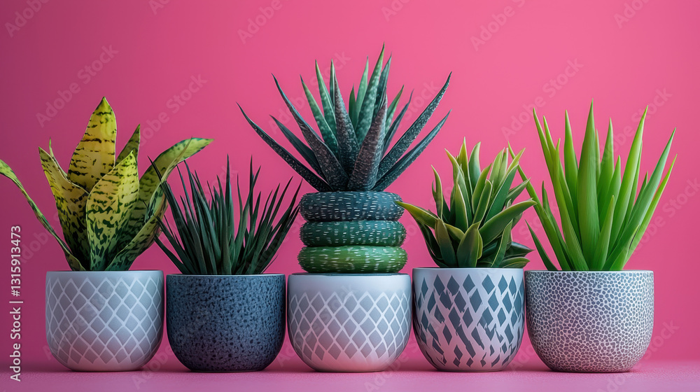 Poster a variety of beautifully arranged potted plants in different sizes creating a lush and inviting spac