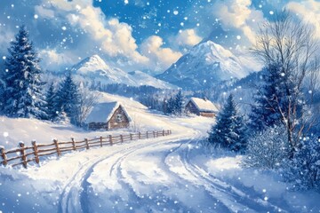 Fototapeta premium Snowy road winds past cozy cabins nestled in a winter wonderland. Perfect for winter holiday, travel, or nature themes.