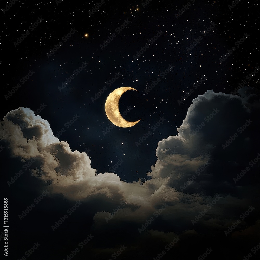 Wall mural 08030846 19 enchanting fairytale night, luminous full moon and crescent moon cradled by soft clouds,