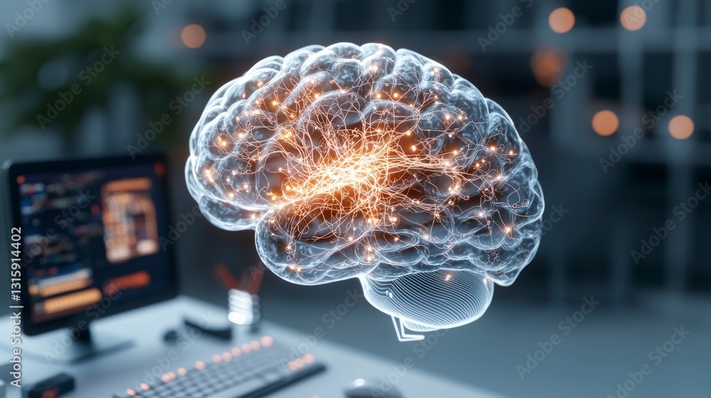 Poster digital brain neural network ai technology futuristic workspace