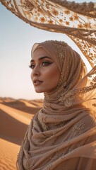 A regal Arab Muslim woman, her ageless face adorned with subtle, elegant makeup, stands majestically in the heart of a vast desert at sunset, enveloped by an intricate, flowing floral hijab scarf