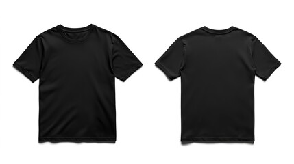 Naklejka premium Black T - Shirt presented in a flat - lay style with both front and back views on a clean white background under studio lighting.