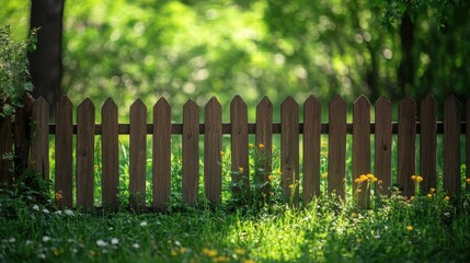 Rustic wooden fence in a lush green garden, wildflowers blooming at its base. Perfect for illustrating themes of nature, privacy, or springtime.