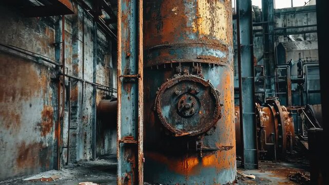 Rusted machinery in an abandoned industrial site showcasing decay and neglect over time, abandoned industrial site with rusted machinery, Seamless ing video background
