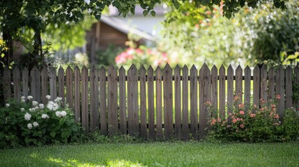 Rustic wooden fence with flowers, green grass, and blurred background. Ideal for themes of home, garden, nature, or rural life.