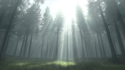 Obraz premium Dramatic Sunlight Filtering Through Fog in a Verdant Forest Creating a Mystical and Serene Atmosphere with Trees Standing Tall and Shadows Dancing on the Ground