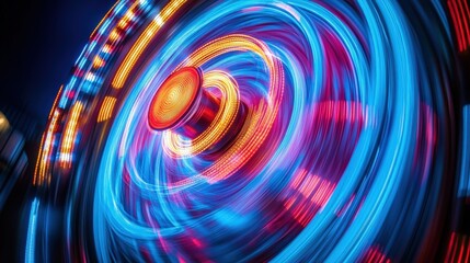 Dynamic spinning light display urban festival digital art vibrant nightlife close-up view energy and motion