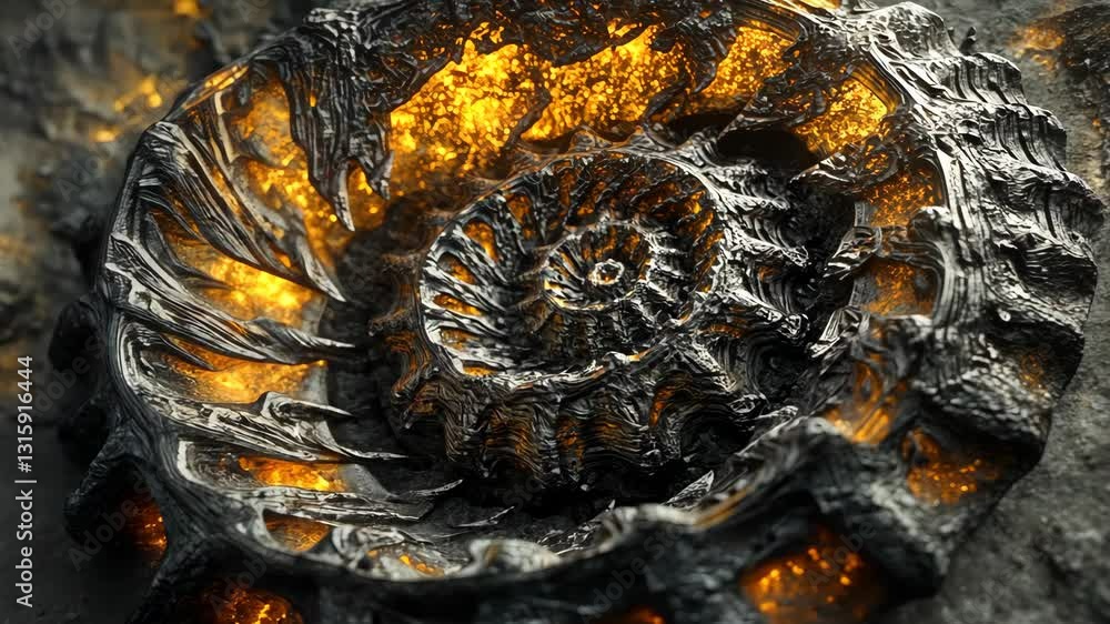 Poster detailed shell-like structure with glowing elements creates an intriguing visual in a dark rocky env
