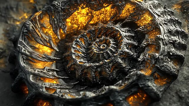 Detailed shell-like structure with glowing elements creates an intriguing visual in a dark rocky environment