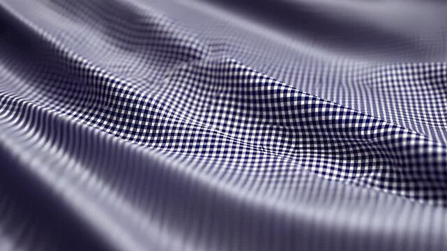 Checkered fabric draped softly with subtle creases and texture showcasing deep navy blue and white patterns