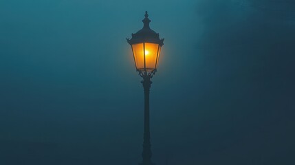 Mysterious foggy night scene urban environment lantern illuminating atmospheric low angle view enigmatic concept