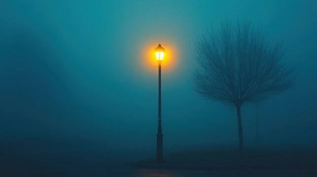 Mysterious foggy night scene with lantern urban park photography calm atmosphere wide angle enigmatic vibe