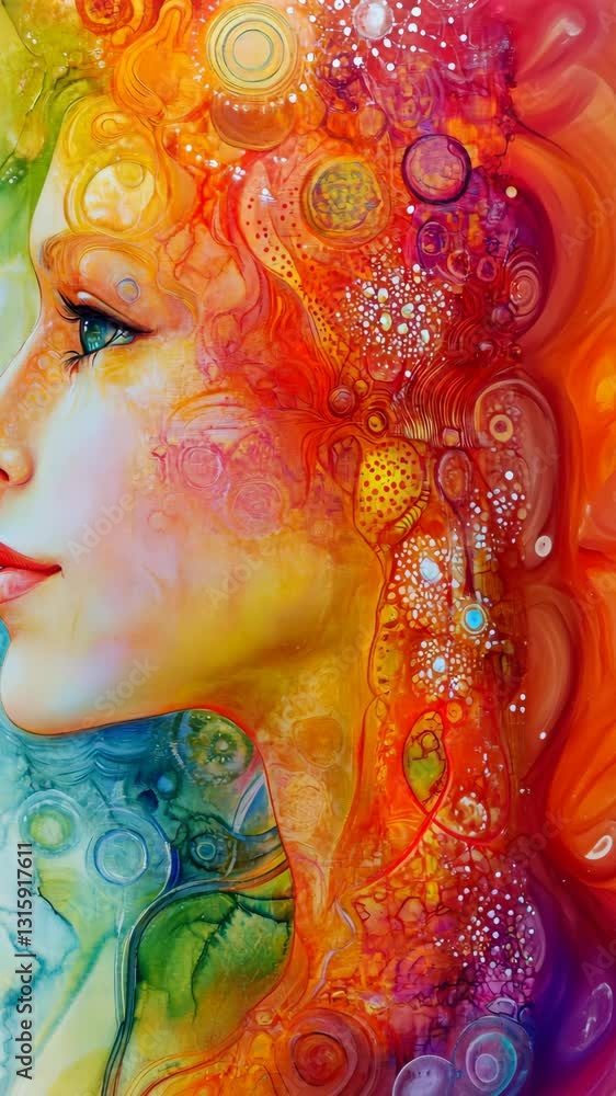 Poster vibrant profile of a woman with colorful patterns and abstract elements on a bright background