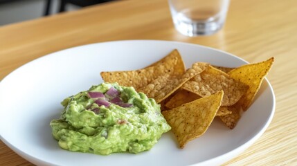 Delicious Guacamole with Tortilla Chips on White Plate