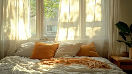 Morning light softens cozy bedroom decor urban home interior photography bright atmosphere inviting view comfort concept