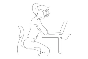 Continuous one line drawing woman sitting at laptop. Girl in virtual reality glasses. VR helmet.