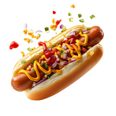 A Cheesy Hot Dog with Mustard Ketchup and Onions Isolated on Transparent Background