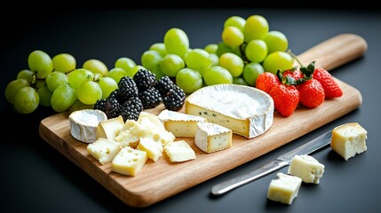 Delicious Cheese   Fruit Platter  Gourmet Brie  Grapes  Berries  Rustic Board