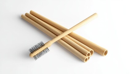 A single, ultra-detailed bamboo reusable straw set with a cleaning brush, on a pure white background, highlighting sustainability with professional studio lighting