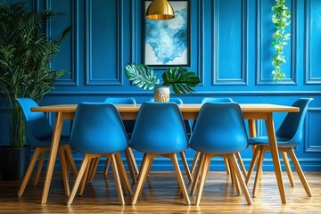 Elegant Modern Dining Room with Blue Chairs and Decor