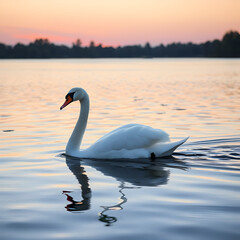 Fototapeta premium Elegant swan gliding across a tranquil lake during sunset with soft hues reflecting in water