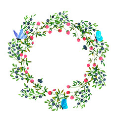 Set of round frames of watercolor berries and clover, butterflies, dragonflies, bumblebees. Fresh blueberries and clover flowers background. Clip art, design element