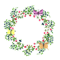 Set of round frames of watercolor berries and clover, butterflies, dragonflies, bumblebees. Fresh blueberries and clover flowers background. Clip art, design element