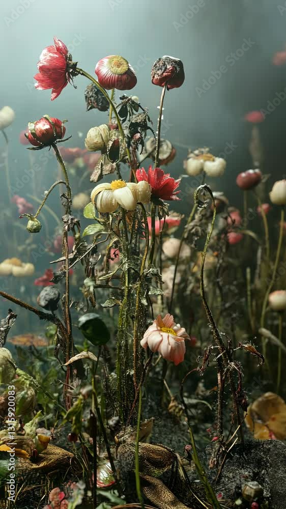 Poster Beautiful field of delicate flowers in dim light creating an ethereal atmosphere with mist and shadows