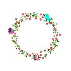Watercolor wreath on white background. Summer round frame with clover, butterflies, dragonflies and bumblebees. Perfect for postcard, poster, card, invitations, wedding, birthday.