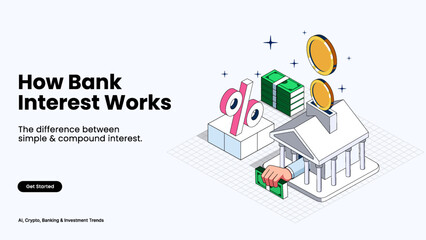 How Bank Interest Works &ndash; Savings Growth vs. Loan Costs Illustrated with Compound Interest Charts, Banking Trends, and Financial Insights | Banking and Finance Vector Design