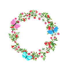 Red cowberry and clover flowers background. Set of round frames of watercolor berries and clover, dragonflies, butterflies, bumblebees. Clip art, design element.