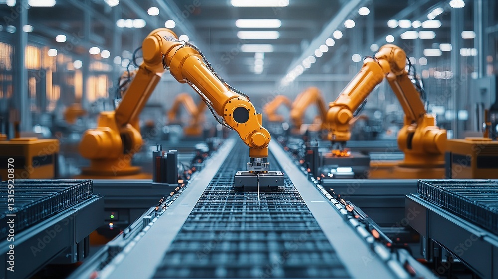 Poster advanced robotic arms in high-tech factory assembly line