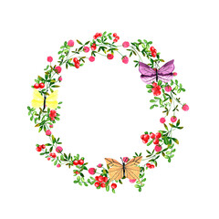 Red cowberry and clover flowers background. Set of round frames of watercolor berries and clover, dragonflies, butterflies, bumblebees. Clip art, design element.