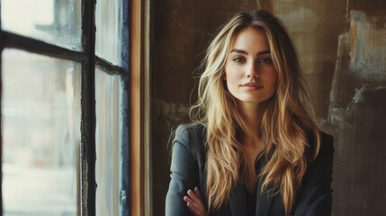 Fototapeta premium Young Businesswoman with Long Hair Posing Confidently Indoor