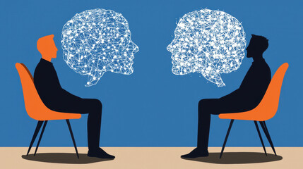 Two individuals sitting in chairs with their heads in synchrony representing investment psychology and thought patterns